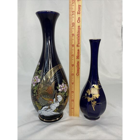 VTG ASIAN DARK BLUE COBALT VASES FLORAL PHEASANT BIRD MOTIFS - Picture 8 of 8
